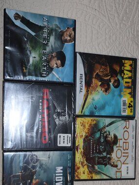 5 DVDs Video Action Packed Rambo, Midway, After Earth, Robin Hood, etc.